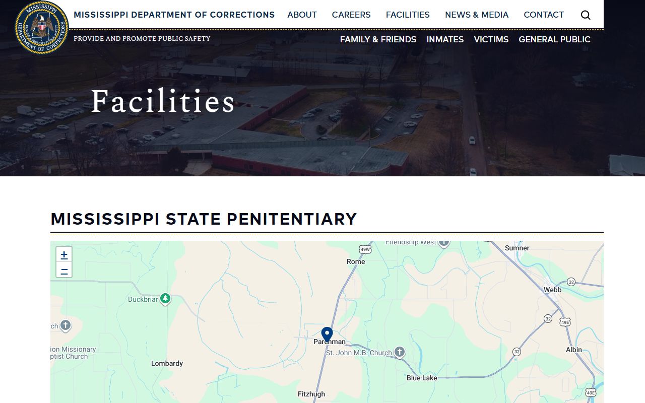 Mississippi State Penitentiary inmate search facility page at Parchman