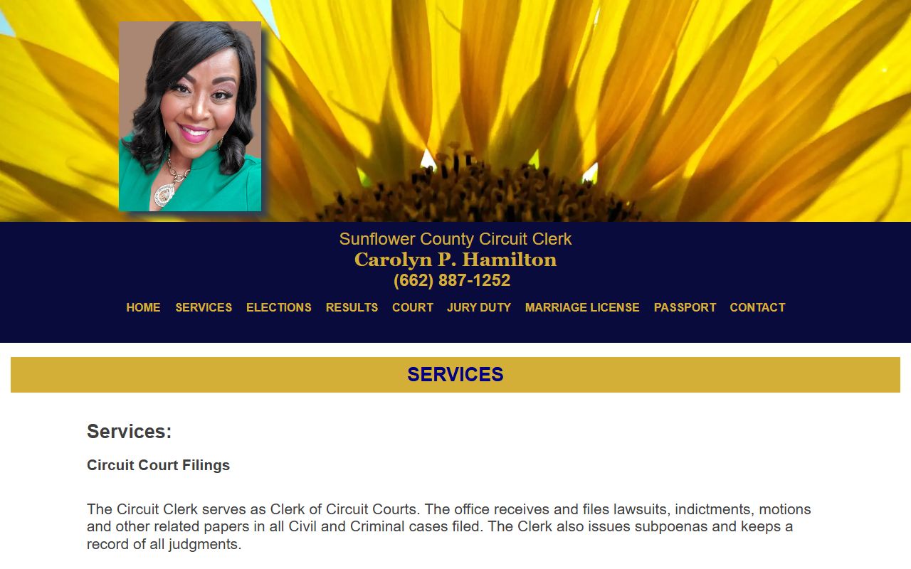 Sunflower County Circuit Clerk services page stating no online record search or online payment
