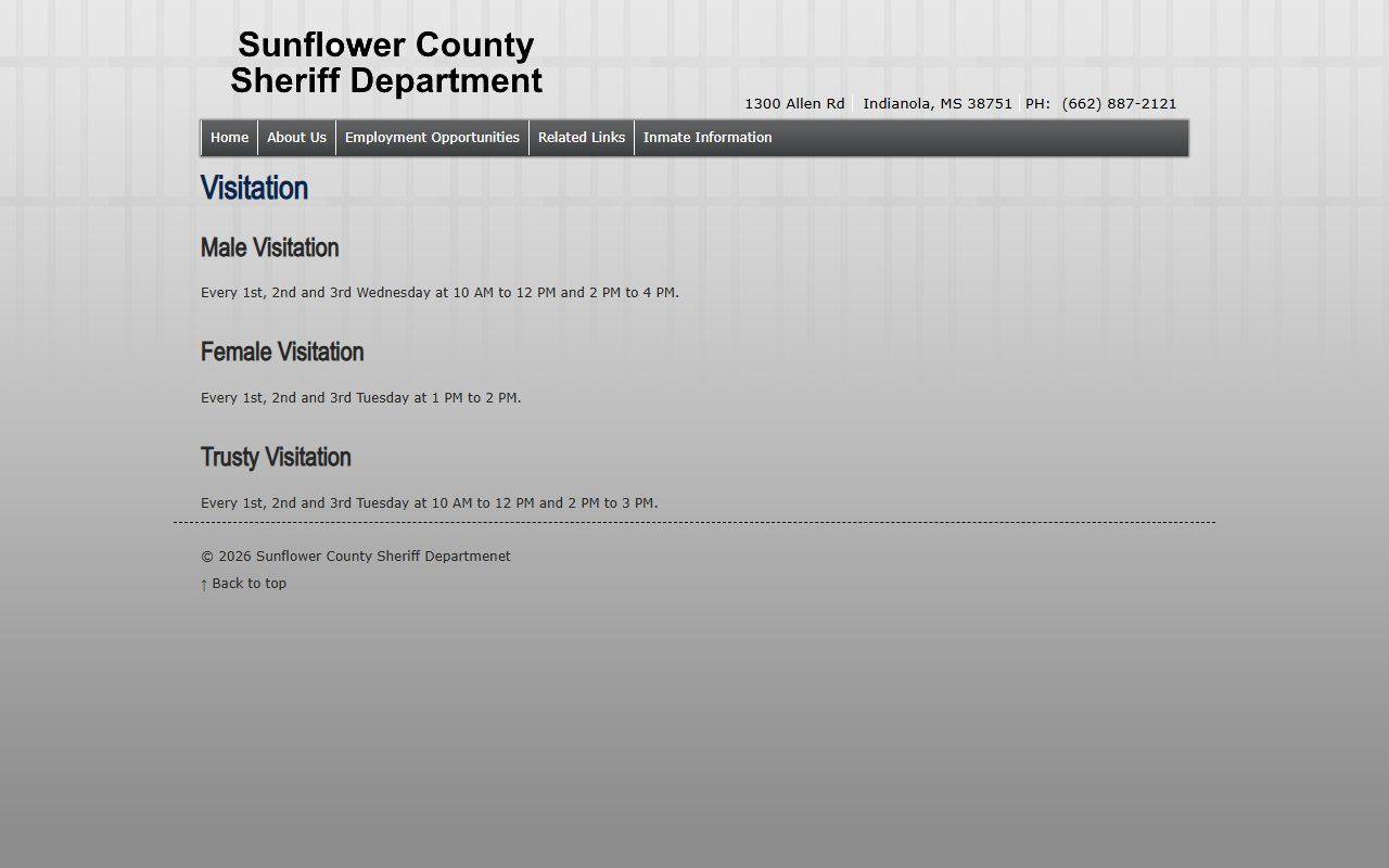 Sunflower County Jail visitation schedule for male female and trusty visitation
