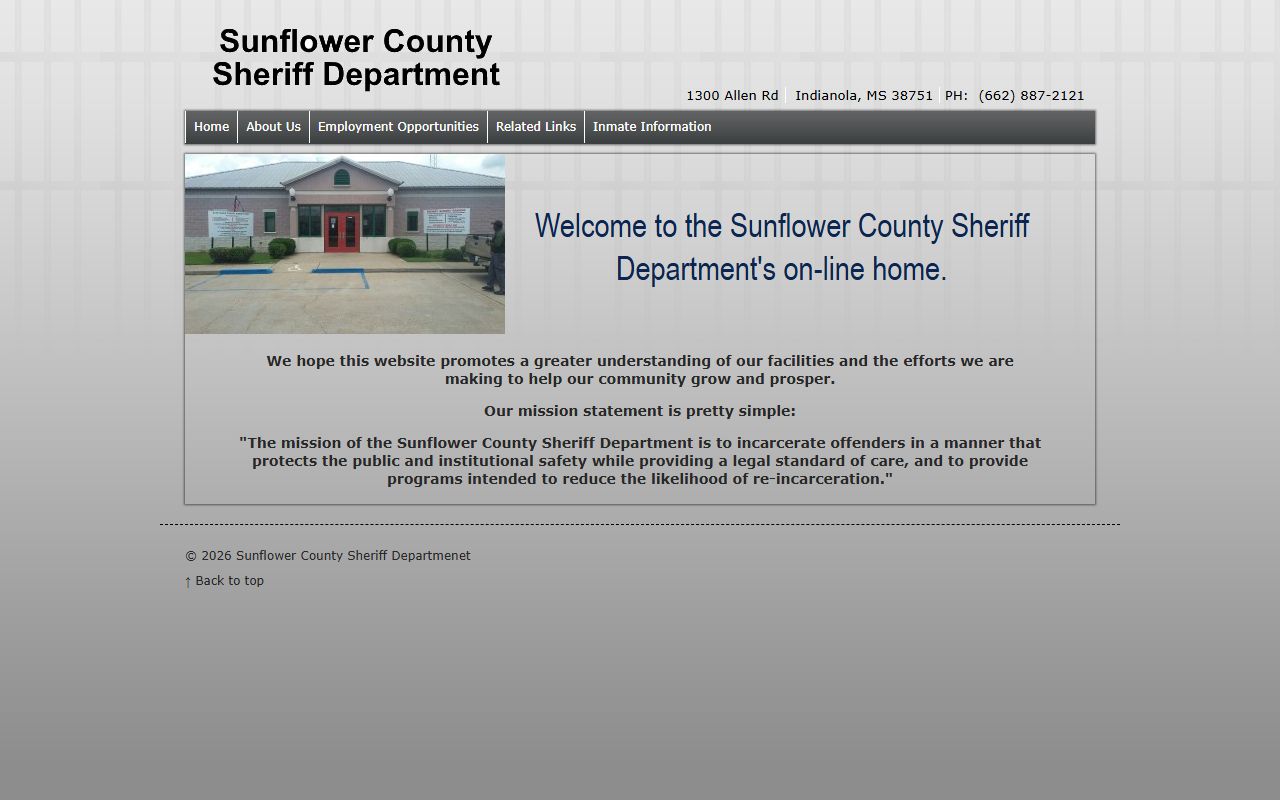 Sunflower County Jail inmate information on the sheriff home page
